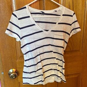 Madewell V-Neck Tee with Navy and Cream Stripes